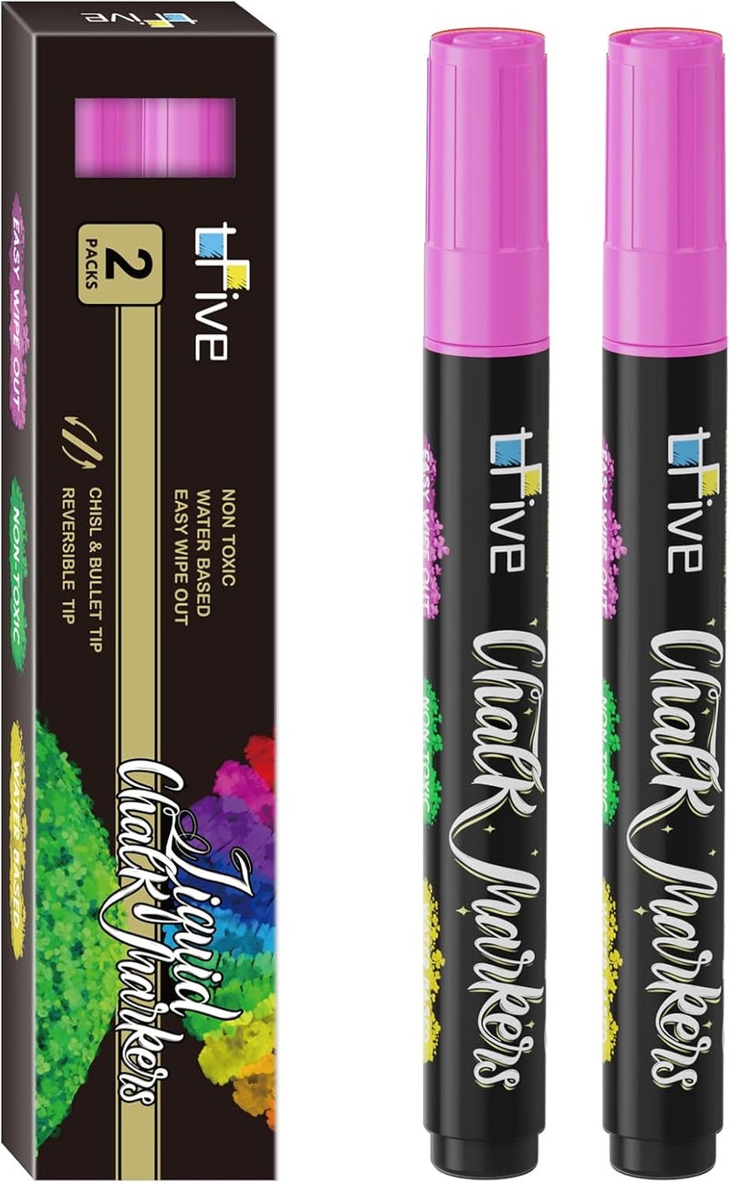 TFIVE Pink Liquid Chalk Markers - 2 Pack Bright Colors Erasable Chalk Marker Pens, Reversible Tip, Non-Toxic, for Chalkboards, Signs, Glass, Easy to use Chalk markers TF800 - Image 1